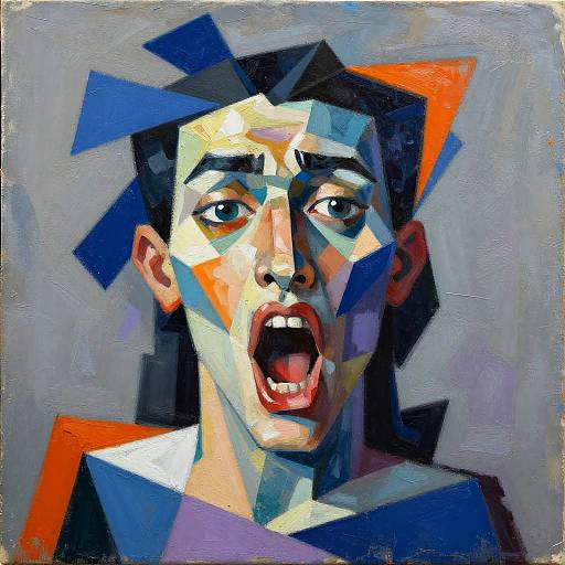 Cubist-style digital painting of a shocked, wide-eyed man with open mouth, using bold geometric shapes in blue, orange, and white.