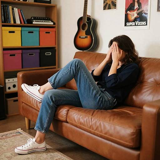 Relaxed Woman in Cozy Music-Inspired Space