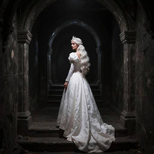 Princess in White Dress in Dark Dungeon Hallway