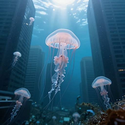 Photograph of glowing jellyfish floating underwater in a cityscape, surrounded by tall, dark buildings with sunlight filtering through the water.