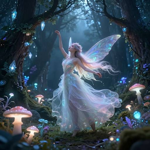 Fairy-like woman with glowing wings and horn, wearing a flowing white dress, dances in a magical forest with glowing mushrooms and blue lights. Digital art
