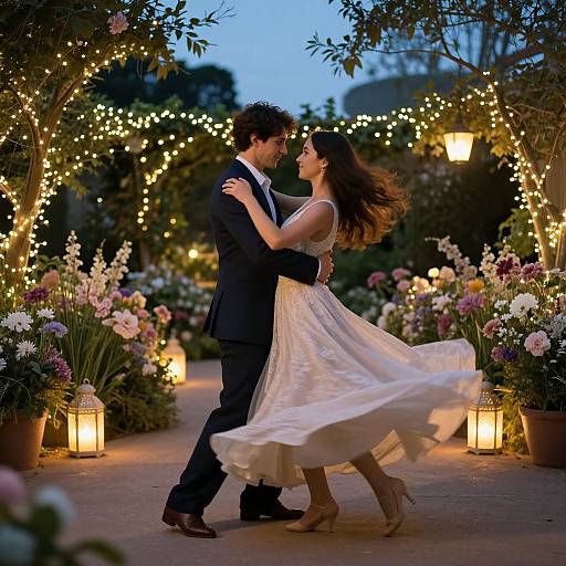 Photograph of a romantic evening wedding dance; groom in black suit, bride in flowing white dress, surrounded by twinkling lights and blooming flowers.