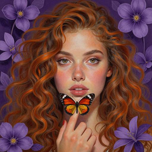 Digital painting of a fair-skinned woman with curly red hair, green eyes, and a butterfly on her lips, surrounded by purple flowers.