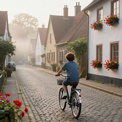 Photograph: Young boy with curly hair in blue shirt and shorts rides black bicycle down misty, sunlit cobblestone street lined with white houses