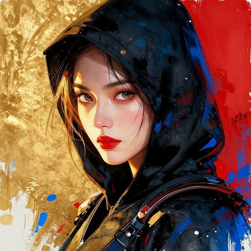 Digital painting of a pale-skinned woman with black hood, red lipstick, and intense gaze, set against a gold, red, and blue splattered