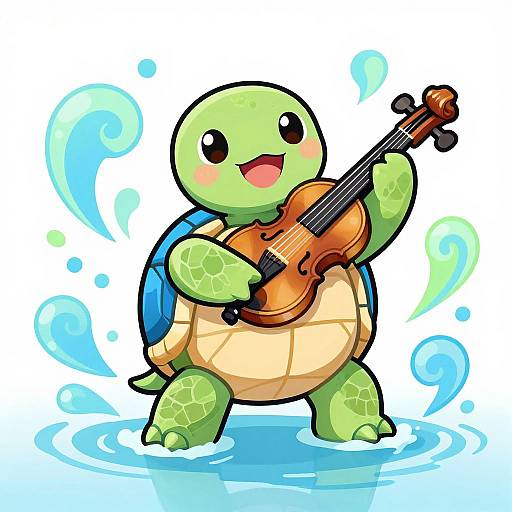 Digital drawing of a cute, green, turtle-like Pokémon playing a violin, standing in water with blue swirls and a joyful expression.