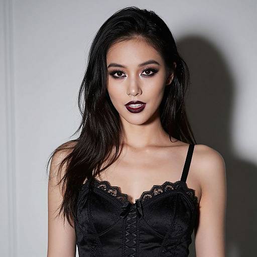 Photograph of an Asian woman with long black hair, dark lipstick, and black lace camisole, standing against a white background.