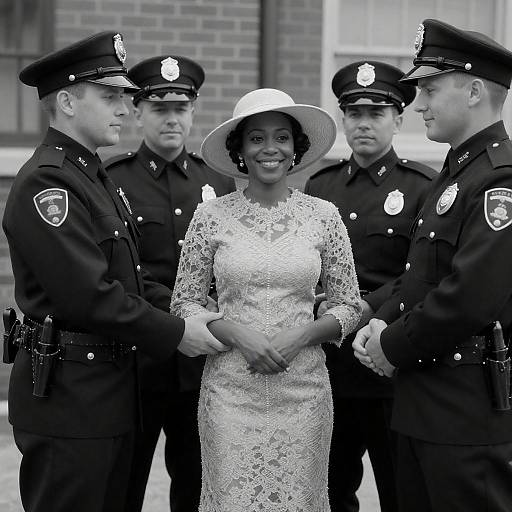 Vintage Police Officers Surrounding Woman in Lace Dress