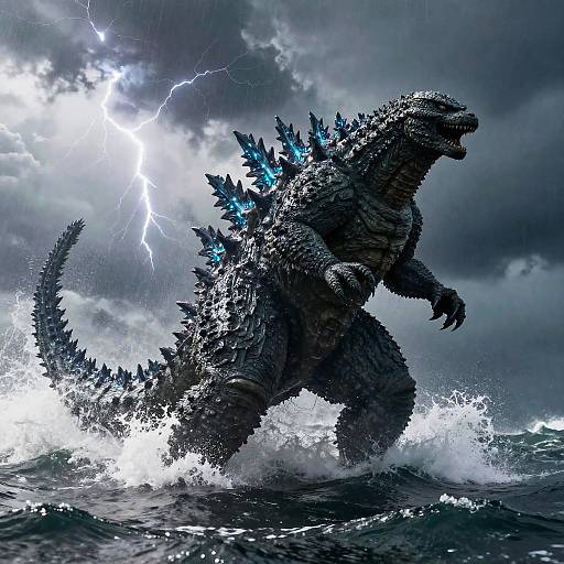 Digital art of Godzilla emerging from stormy ocean, lightning illuminating dark, scaly body with glowing blue dorsal spines, powerful tail splashing waves