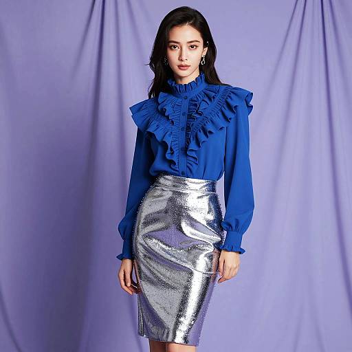 Stylish Woman in Blue Ruffled Blouse and Silver Skirt