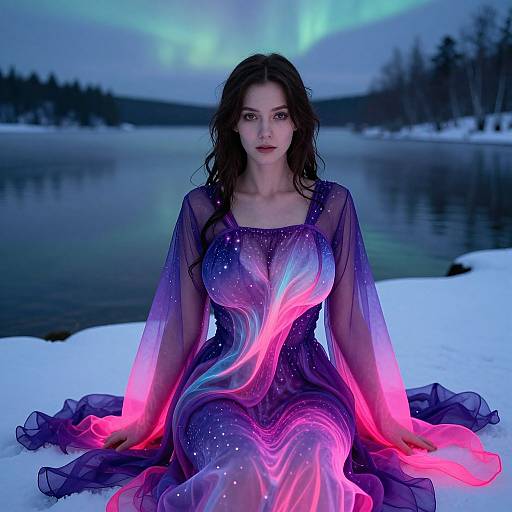 Photograph of a fair-skinned woman with dark hair in a glowing, sheer, purple dress with pink and blue neon accents, sitting on snow by