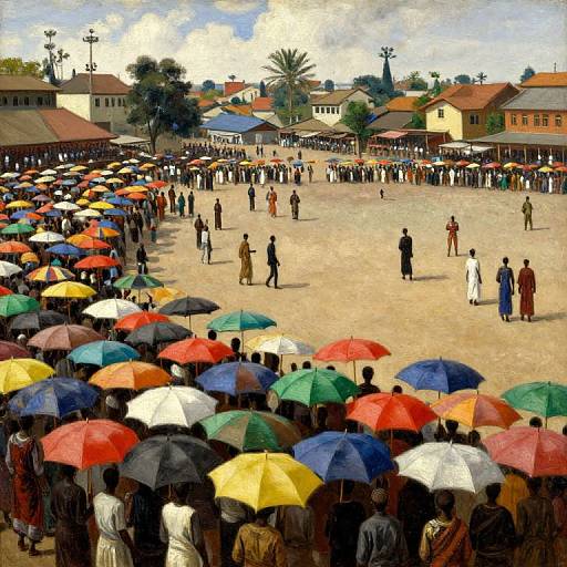 Vibrant photograph of a crowded outdoor gathering, with diverse people holding colorful umbrellas, surrounded by colonial-style buildings under a cloudy sky.