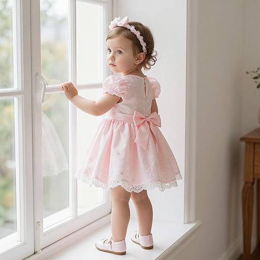 Photograph of a curly-haired toddler girl in a pink lace-trimmed dress and headband, standing by a sunlit window.