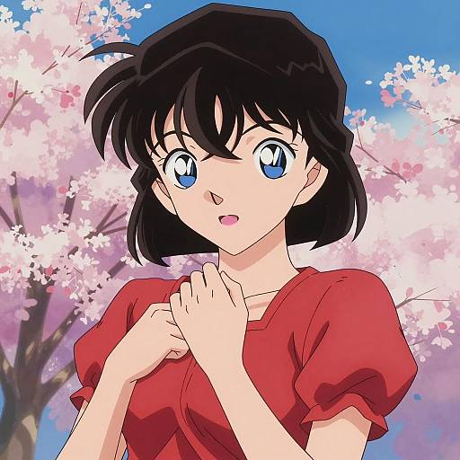 Anime Girl in Red Dress with Blossom Background