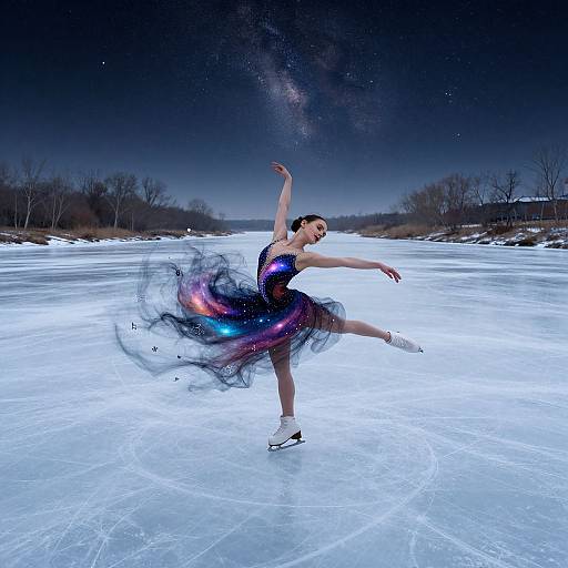 Photograph of a female ice skater in a galaxy-themed dress, performing a graceful pose on a frozen lake at night, with a starry sky