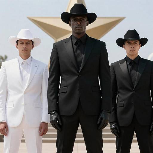 Three Men in Western Suits with Star Background