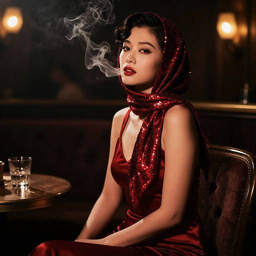 Vintage Jazz Singer in Ruby Headscarf