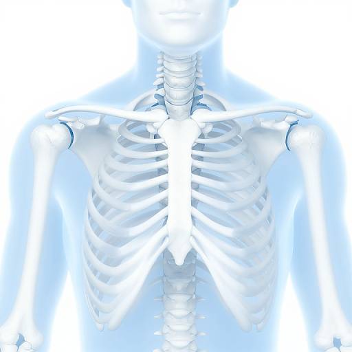 Digital illustration of a white, glowing skeletal chest view with ribcage and spine, surrounded by a bright blue halo-like background.