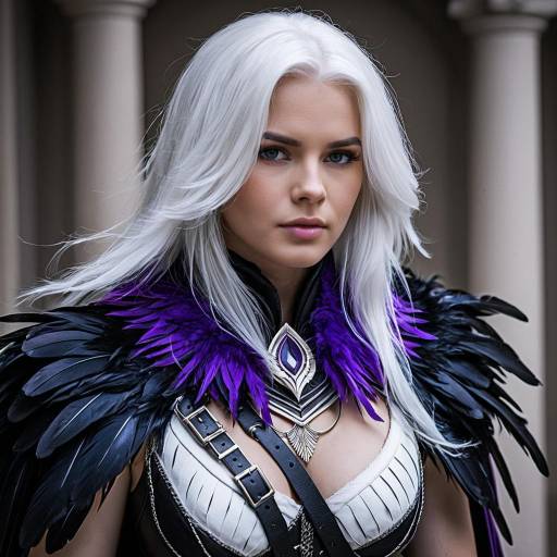 Fantasy Cosplay with White Hair and Feather Collar