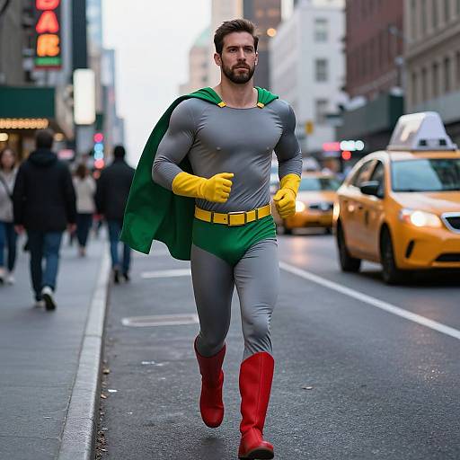 Photograph of a bearded, muscular man in a tight gray superhero suit, green cape, yellow gloves, and red boots, walking a busy city