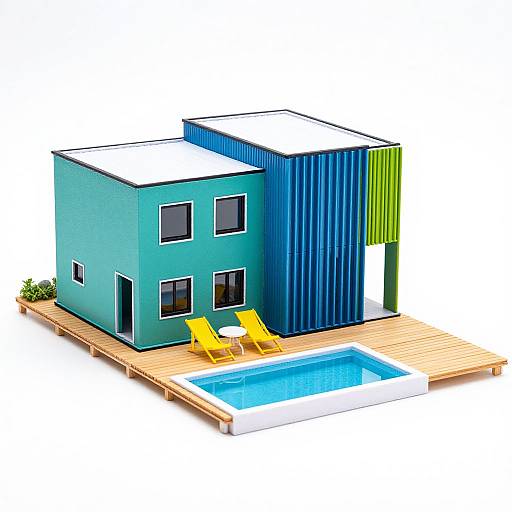 Colorful, modern two-story house with blue and green facade, white roof, small square pool, two yellow lounge chairs, wooden deck. CGI illustration