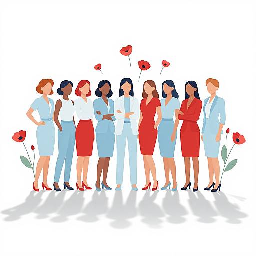 Digital illustration of ten diverse women in business attire, standing in a line, wearing red and blue dresses, with red poppies in the background.