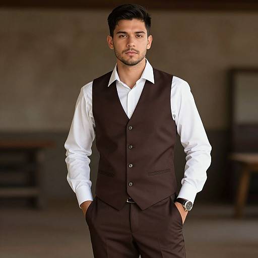 Photograph of a young man with short black hair, light skin, and a trimmed beard, wearing a white shirt and black vest, standing with hands