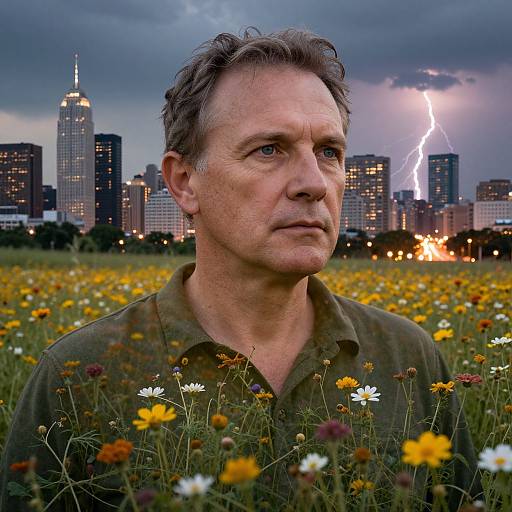 Photograph of middle-aged man with short grey hair, green shirt, standing in flower field, cityscape with lightning strike in stormy sky background.