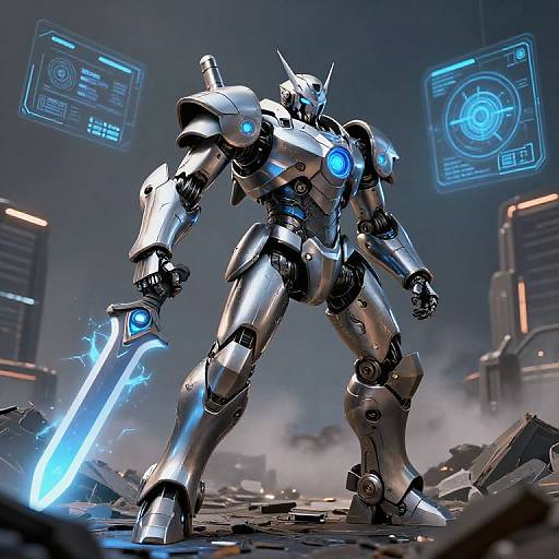 Ironsleek Robotic Warrior Cyberpunk Scene