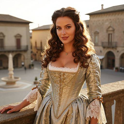 Photograph of a woman with curly brown hair, wearing a gold-embroidered Renaissance-style dress, standing on a stone balcony in a sunlit