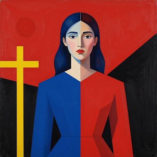 Geometric digital painting of a woman with half-blue, half-red dress, black hair, red lips, yellow cross, red background. Modern, symbolic