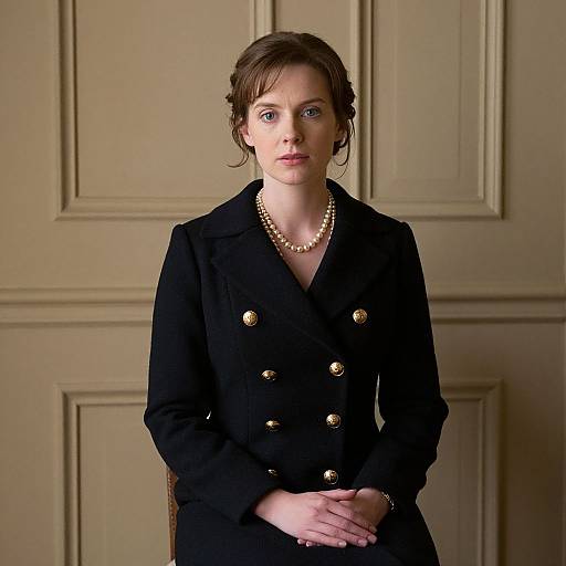 Photograph of a young Caucasian woman with light skin, brown hair in a bun, wearing a black double-breasted coat with gold buttons, pearl necklace