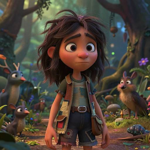 CGI image of a sad-looking, big-eyed, young girl with messy black hair, wearing a worn vest and shorts, standing in a lush,