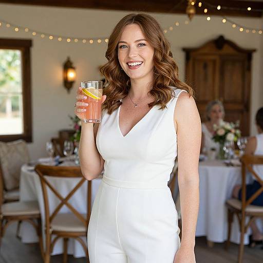 Photograph of a smiling brunette woman with wavy hair in a white sleeveless dress, holding a glass of orange drink, standing in a warmly lit