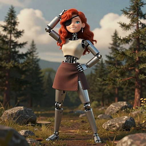 CGI image of a red-haired, blue-eyed, female robot in a white top and brown skirt, standing confidently in a forest.