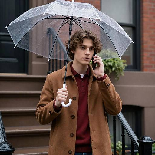 Young Man with Umbrella on Staircase