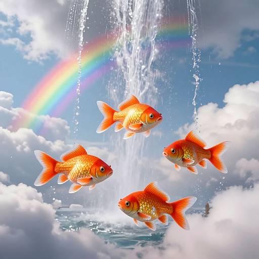 Photograph of four vibrant orange goldfish swimming in a cascading waterfall, surrounded by a bright rainbow and fluffy clouds.