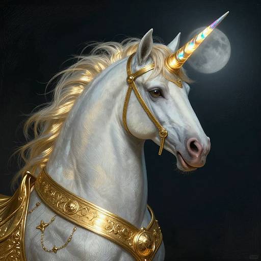 Digital artwork of a white unicorn with a glowing horn, golden ornate harness, and flowing mane against a dark blue background. Moon partially visible in the