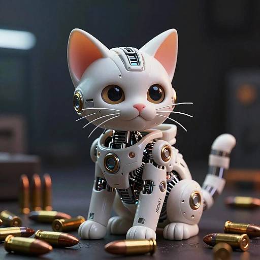Photograph of a cute, white, robotic, cat figurine with large eyes and mechanical parts, surrounded by scattered bullets in a dark, futuristic setting