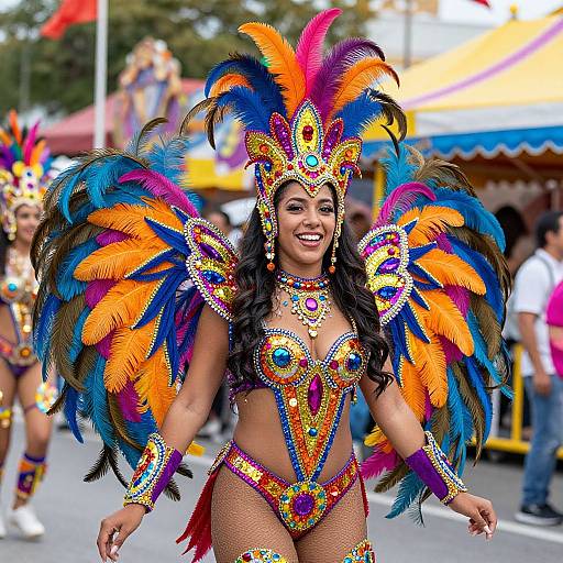 Photograph of a smiling, dark-skinned woman in a vibrant, multicolored feathered Carnival costume with orange, blue, and purple feathers,