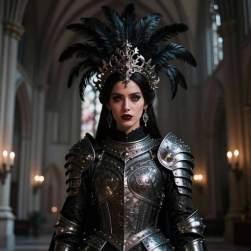 Regal Woman in Dark Gothic Armor with Feathered Headdress