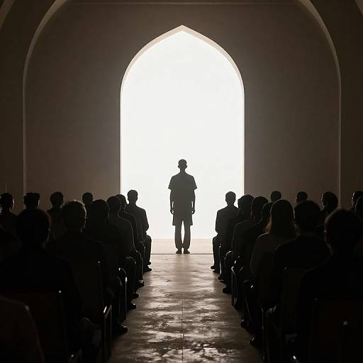 Silhouette of a person standing at the bright, arched entrance, silhouetted against strong light, with audience seated in darkened hall.