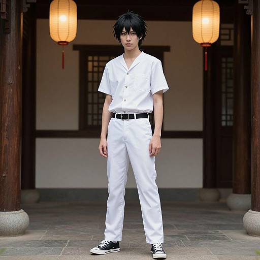 Digital artwork of an Asian teenage boy with black hair, wearing a white short-sleeve shirt and pants, black belt, and black sneakers, standing