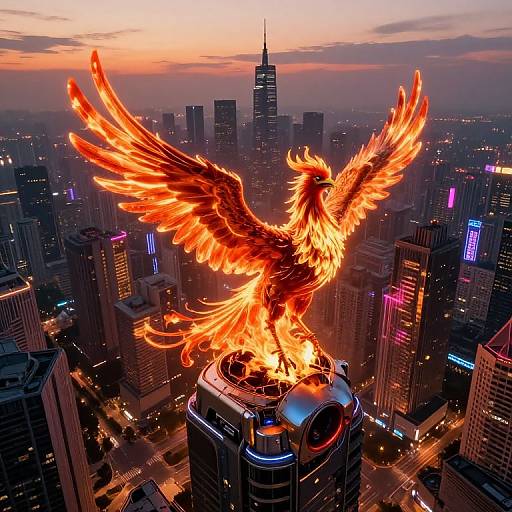 Digital artwork of a radiant, fiery phoenix with outstretched wings perched atop a skyscraper in a neon-lit, sunset cityscape.