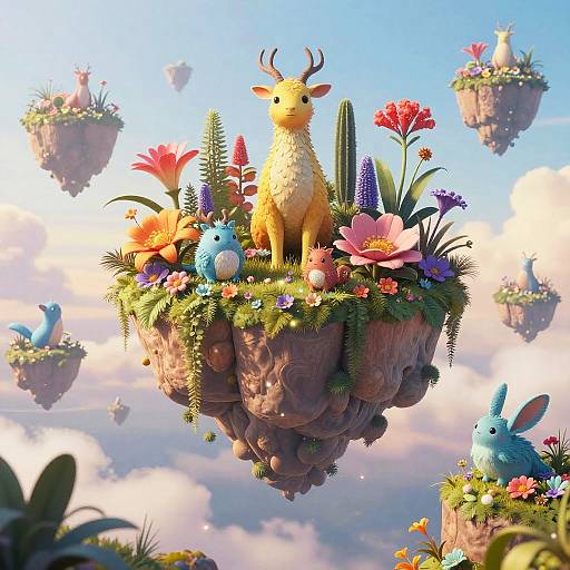 Whimsical CGI image of floating floral islands with a yellow, antlered, fuzzy creature, surrounded by colorful flowers and blue, bunny-like creatures