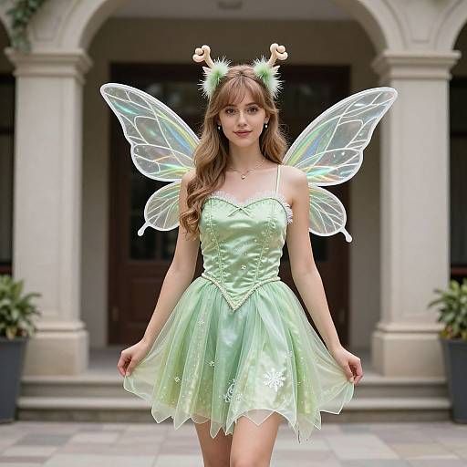 Photograph of a young woman in a pastel green fairy costume with translucent wings, antler headband, and long brown hair, standing in front