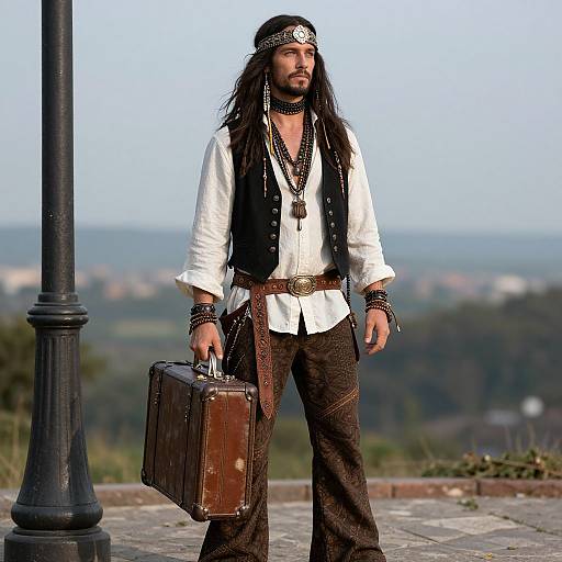 Photograph of a long-haired, bearded pirate with black headband, white shirt, black vest, brown pants, holding brown suitcase, standing on