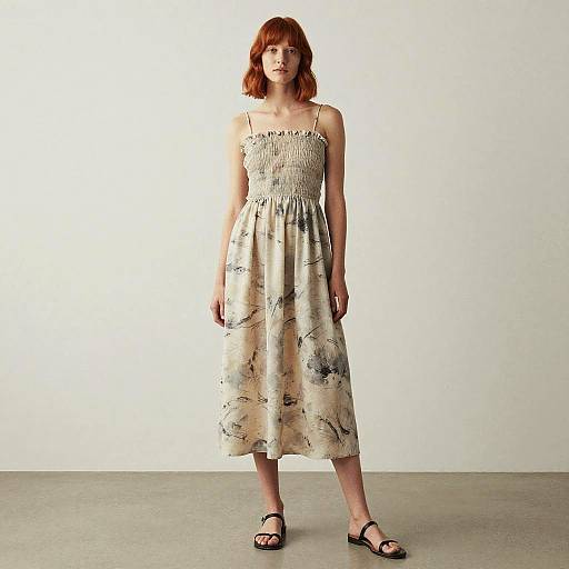 Photograph of a red-haired woman in a sleeveless, beige, floral-patterned, knee-length dress with black sandals, standing against a plain white