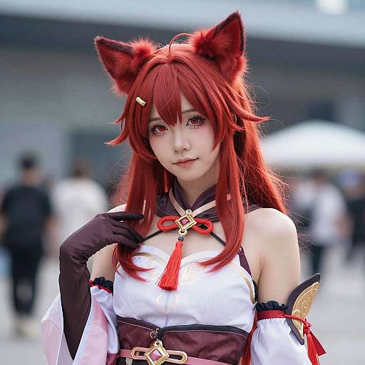 Anime Cosplay Woman with Red Hair and Cat Ears