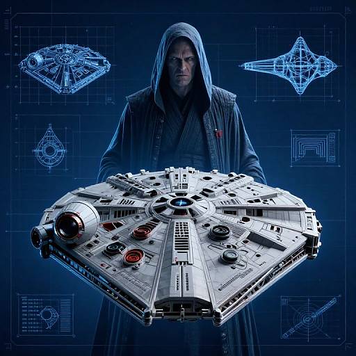 Photograph of a hooded man in a dark robe holding a detailed Millennium Falcon X-Wing Star Wars model against a blue technical background with blue holog